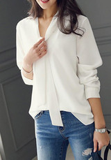 White Belt Round Neck Long Sleeve Elegant Blouse