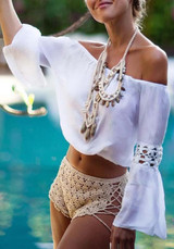 White Cut Out Ruffle Boat Neck Long Sleeve Blouse
