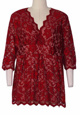 Red Flowers Print Lace Draped V-neck Elbow Sleeve Peplum Plus Size Blouse