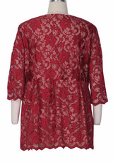 Red Flowers Print Lace Draped V-neck Elbow Sleeve Peplum Plus Size Blouse