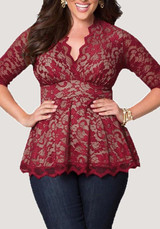 Red Flowers Print Lace Draped V-neck Elbow Sleeve Peplum Plus Size Blouse
