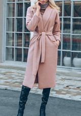 Pink Pockets Sashes Turndown Collar Long Sleeve Fashion Trench Coat