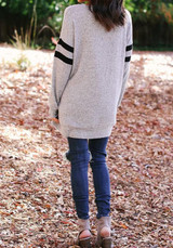 White Grey Striped Print Round Neck Long Sleeve Casual T-Shirt