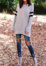 White Grey Striped Print Round Neck Long Sleeve Casual T-Shirt