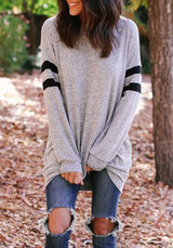 White Grey Striped Print Round Neck Long Sleeve Casual T-Shirt