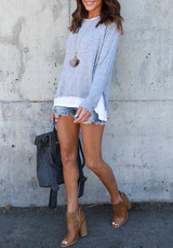 Grey Patchwork Draped Round Neck Long Sleeve Casual T-Shirt Grey Patchwork Draped Round Neck Long Sleeve Casual T-Shirt