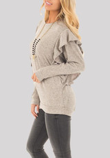 Grey Ruffle Round Neck Long Sleeve Fashion Pullover Sweater