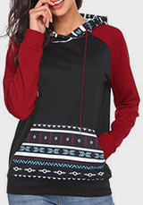 Red Patchwork Irregular Drawstring Hooded Long Sleeve Pullover Sweatshirt