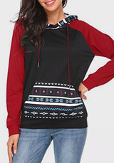 Red Patchwork Irregular Drawstring Hooded Long Sleeve Pullover Sweatshirt