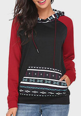 Red Patchwork Irregular Drawstring Hooded Long Sleeve Pullover Sweatshirt