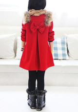 Red Patchwork Fur Collar Bow Pockets Children Double Breasted Long Sleeve Wool Coat