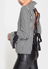 Black Striped Tie Back Bow Petal Neck Fashion Blouse