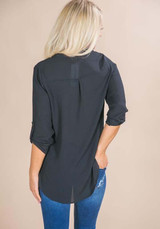 Black Plain Pockets Studded Irregular Plunging Neckline Fashion Blouse