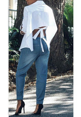 White Single Breasted Tie Back Backless Turndown Collar Long Sleeve Blouse