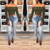 Army Green Ruffle Midriff Boat Neck Long Sleeve Fashion Blouse