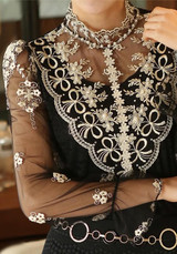 Black Patchwork Lace Beading Grenadine Band Collar Long Sleeve Elegant Blouse