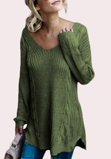 Green Irregular Cross Back V-neck Long Sleeve Pullover Sweater