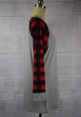 Grey-Red Patchwork Plaid Print Long Sleeve Round Neck Oversized T-Shirt