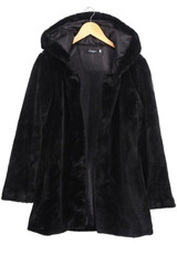 Black Draped Faux Fur Vest Hooded Long Sleeve Fashion Coat