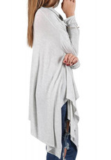 Light Grey Plain Irregular Draped Band Collar Cowl Neck Oversized Casual T-Shirt