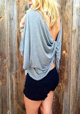 Grey Open Back Cross Back Round Neck Dolman Sleeve Oversized Casual T-Shirt