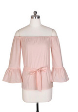 Pink Drawstring Boat Neck Long Sleeve Sweet Blouse