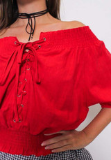 Red Cross Drawstring Lace-up Off Shoulder Backless Sweet Going out Blouse Red Cross Drawstring Lace-up Off Shoulder Backless Sweet Going out Blouse