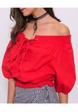 Red Cross Drawstring Lace-up Off Shoulder Backless Sweet Going out Blouse Red Cross Drawstring Lace-up Off Shoulder Backless Sweet Going out Blouse