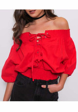 Red Cross Drawstring Lace-up Off Shoulder Backless Sweet Going out Blouse Red Cross Drawstring Lace-up Off Shoulder Backless Sweet Going out Blouse