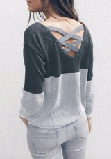 Grey Patchwork Cut Out Cross Back Round Neck Casual Pullover Sweater