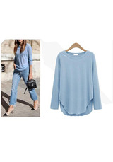 Blue Plain Irregular Round Neck Long Sleeve Casual T-Shirt