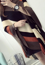 Coffee Striped Tassel Round Neck Pullover Cape