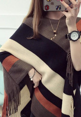Coffee Striped Tassel Round Neck Pullover Cape