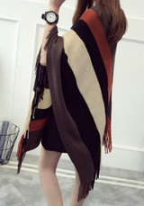 Coffee Striped Tassel Round Neck Pullover Cape