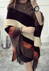 Coffee Striped Tassel Round Neck Pullover Cape