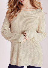 Apricot Drawstring Backless Round Neck Long Sleeve Pullover Sweater