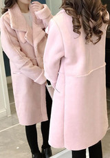 Pink Pockets Zipper Buttons Turndown Collar Long Sleeve Suede Coat