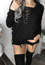 Black Patchwork Cut Out V-neck Fashion Pullover Sweatshirt