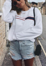White Monogram Print Round Neck Long Sleeve Casual Pullover Sweatshirt