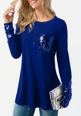 Blue Patchwork Sequin Pockets Buttons Round Neck Casual T-Shirt