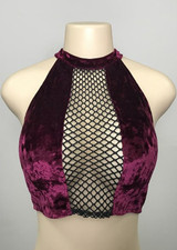 Purple Patchwork Halter Neck Tie Back Crop Backless Round Neck T-Shirt