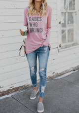 Pink Letter Print Round Neck Long Sleeve Casual T-Shirt