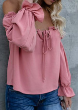 Pink Irregular Bow Ruffle Boat Neck Long Sleeve Blouse