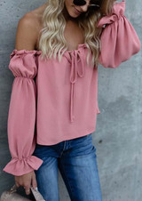 Pink Irregular Bow Ruffle Boat Neck Long Sleeve Blouse