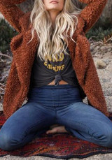 Dark Coffee Pockets Turndown Collar V-neck Long Sleeve Cardigan Coat