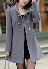 Grey Buttons Pockets Turndown Collar Elegant Cardigan Wool Coats