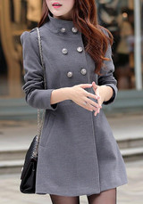Grey Buttons Pockets Turndown Collar Elegant Cardigan Wool Coats