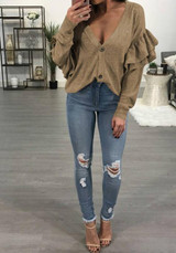 Khaki Single Breasted Cascading Ruffle V-neck Long Sleeve T-Shirt