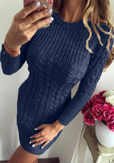 Navy Blue Print Round Neck Fashion Pullover Sweater