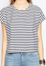White Striped Tie Back Backless Round Neck Blouse